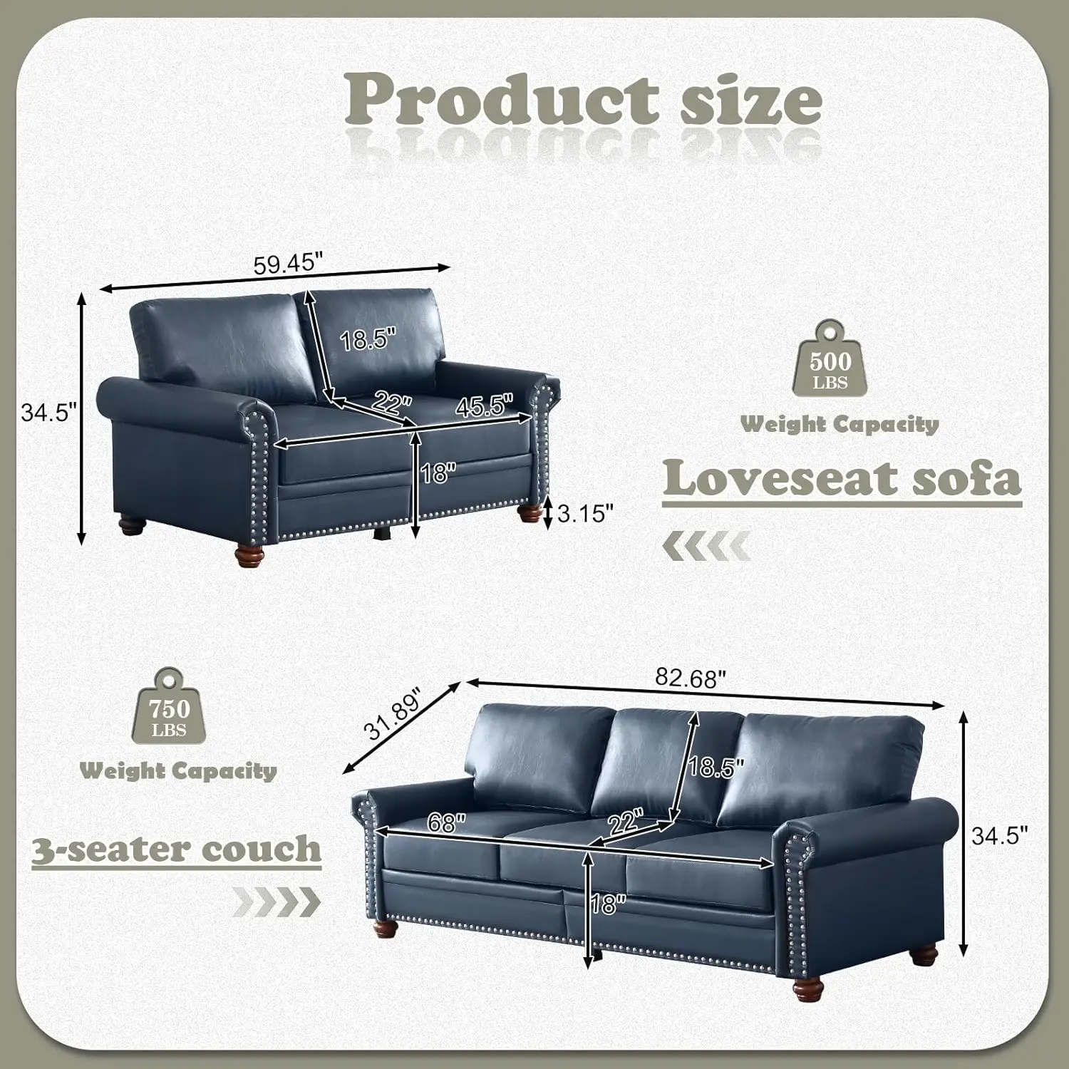 2-Piece Comfy Upholstered PU Leather Sofa Couch Set, Mid-Century Modern Loveseat Sofa+3 Seater Couch