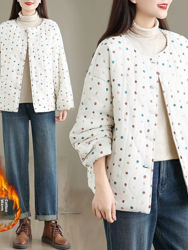 Jaet – manteau chaud en coton Ultra doux à pois pour femme, coupe ample, rétro, Long, Sve rond, fermeture à bouton unique, hiver