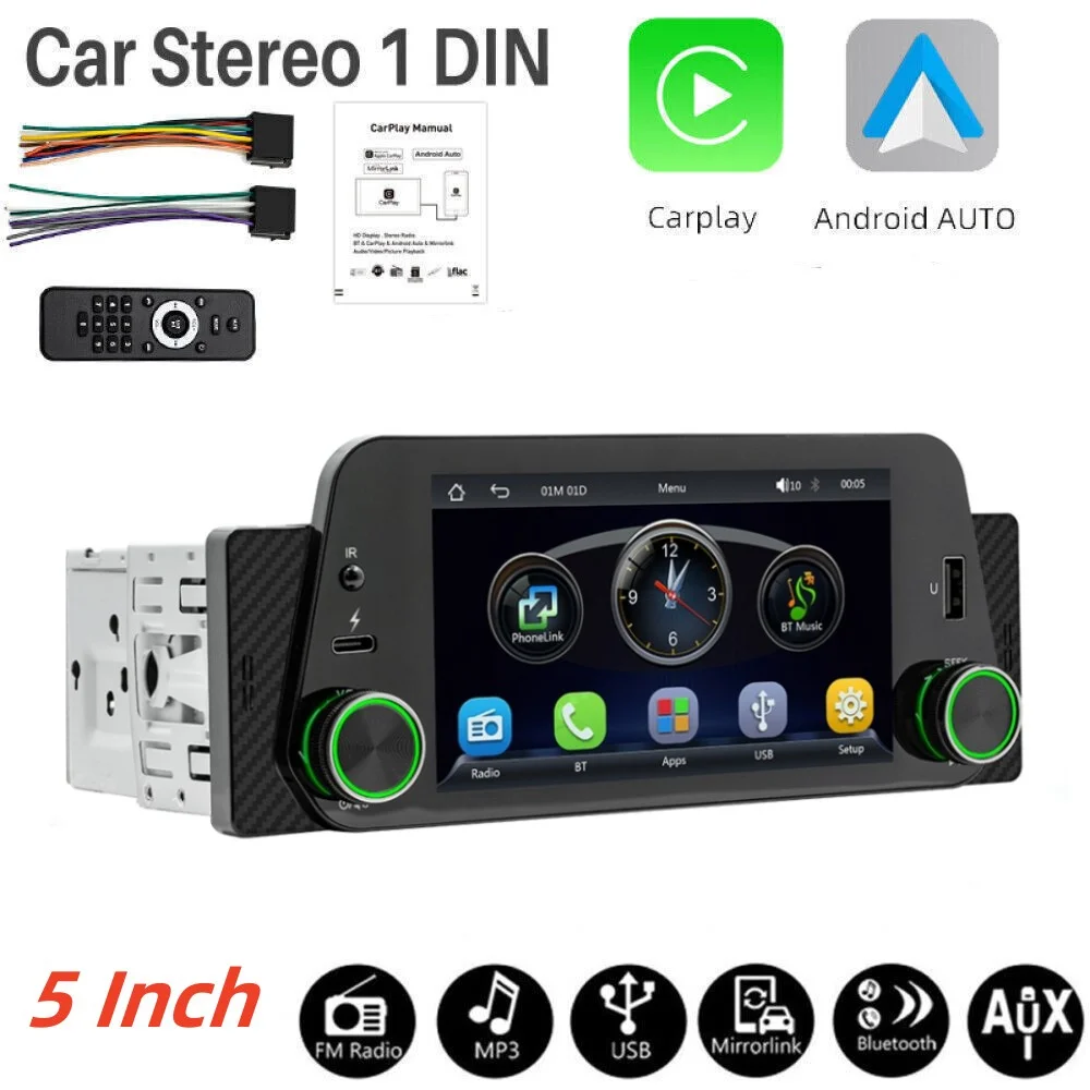 

Автомобильный радиоприемник 1 Din, беспроводной CarPlay 5 ", Android-Авто, Bluetooth, MP5, видеоплеер, A2DP USB TF FM, стерео аудио система, головное устройство 152 Вт