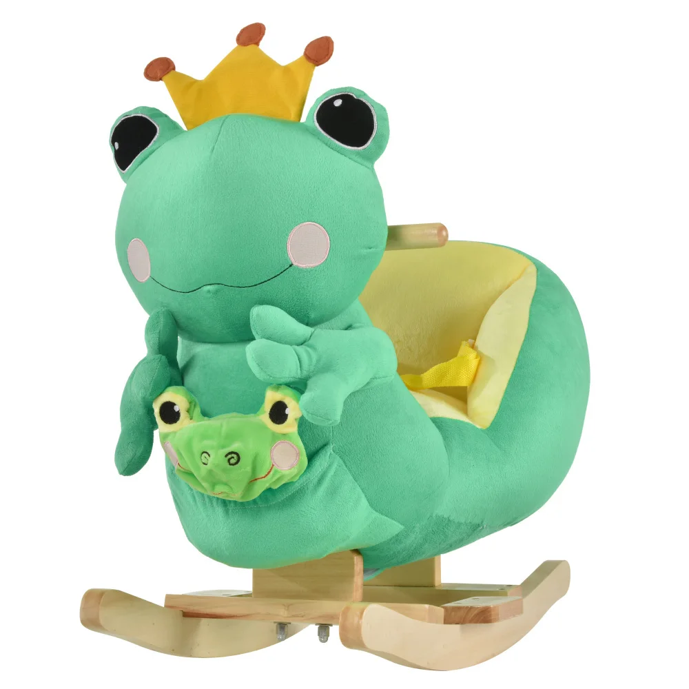 Kids Ride-On Rocking Horse Toy Frog Style Rocker with Fun Music, Seat Belt & Soft Plush Fabric Hand Puppet for Children 18-36