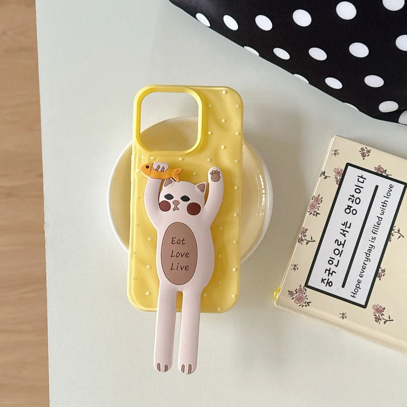 Wrinkle Polka Dot Long Leg Cat Holder Phone Case Bracket For Iphone 16 Pro Max 15 14 13 Phone Case Scratch Resistant Iphone Case