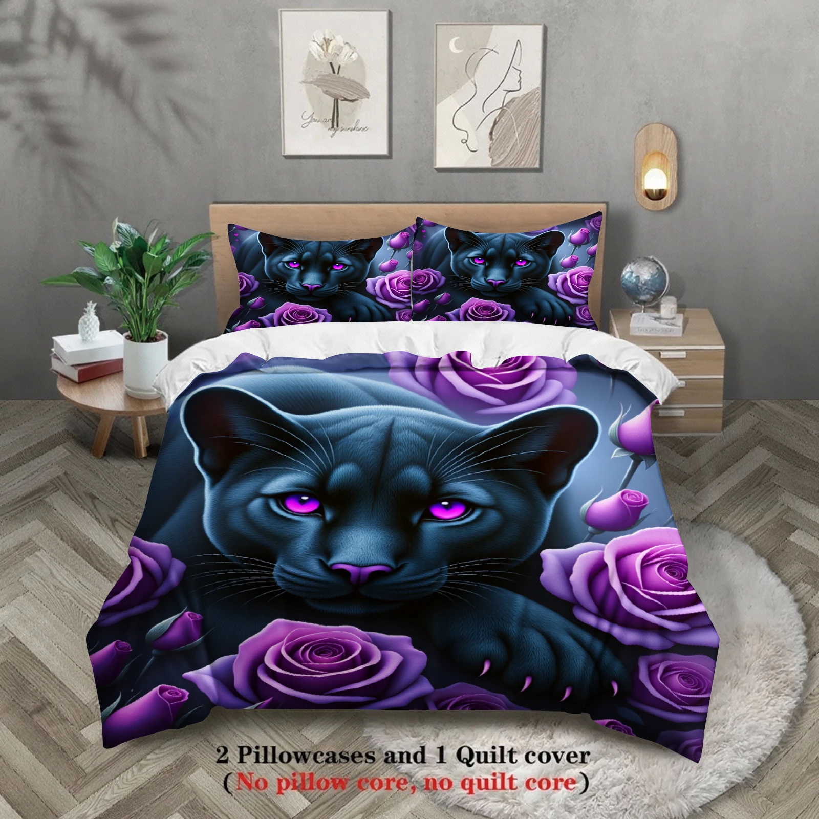 3pcs Panther And Purple Roses Bedding Sets 3D Printed Moisture Wicking Duvet Cover Sets With Pillowcases No Filling