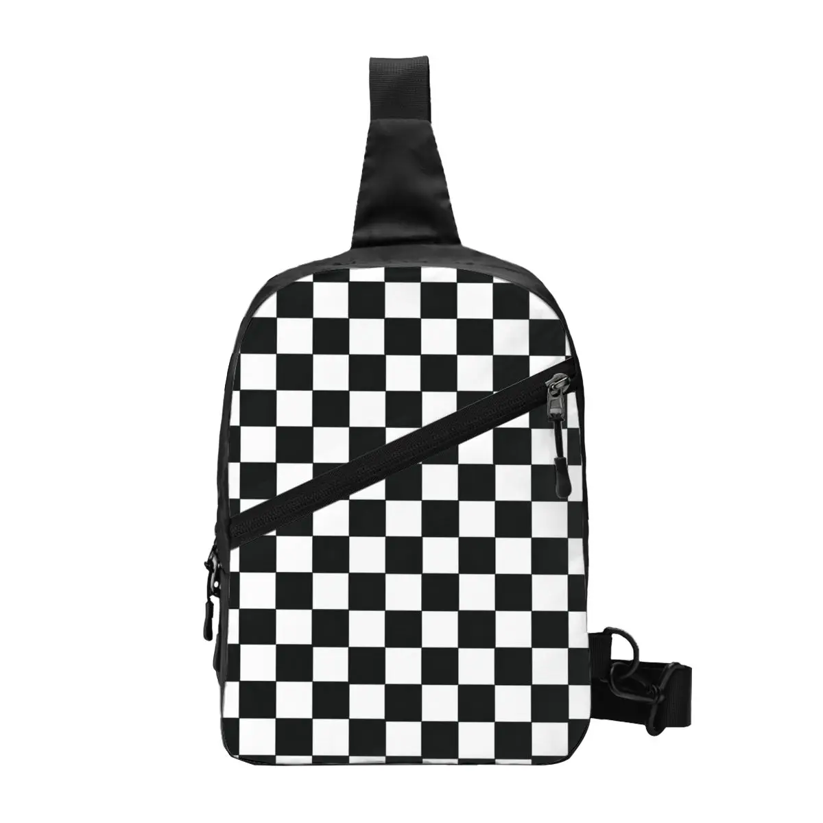 

Custom Checkerboard Plaid Sling Crossbody Chest Bag Men Cool Black And White Plaid Shoulder Backpack for Travel Cycling