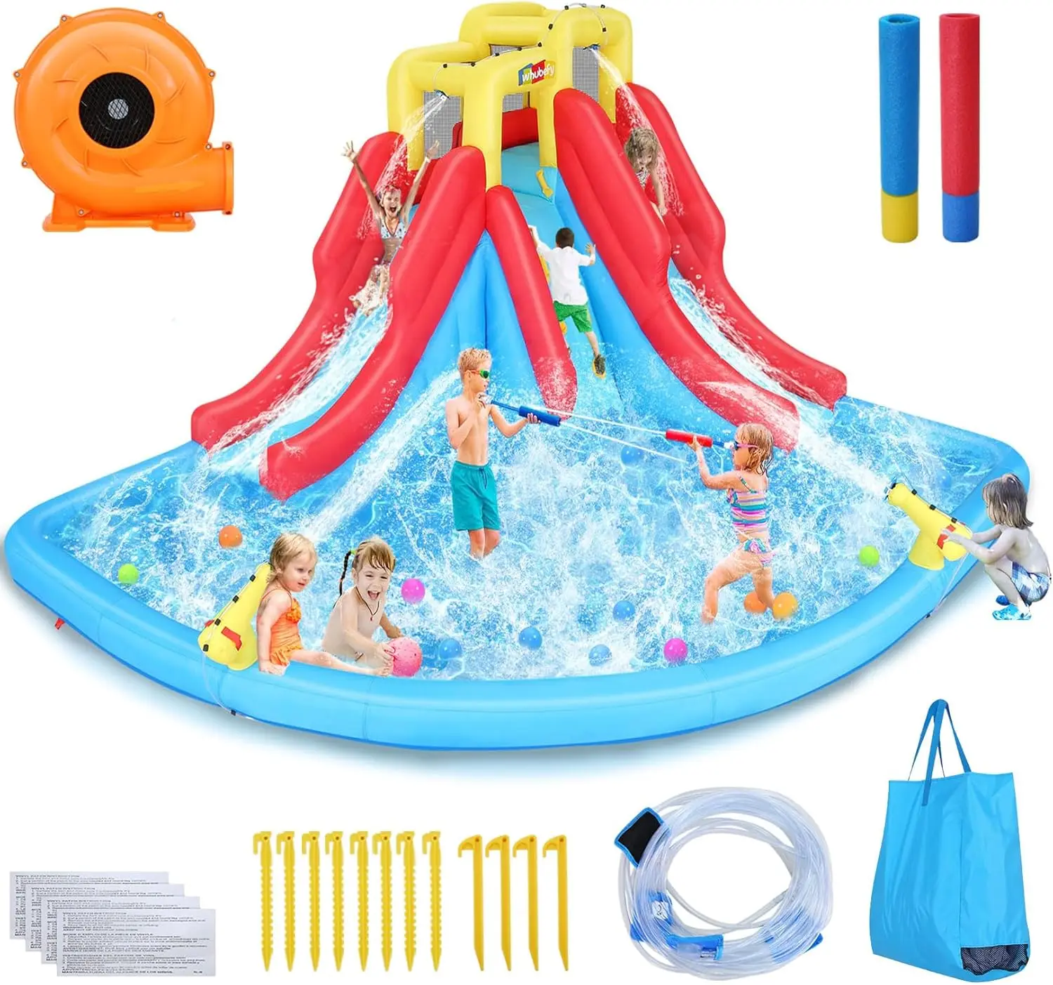 Parque inflável de corrediça de água de imersão dupla – 14,5 x 12,7 x 7,5 pés resistente para diversão no quintal com piscina de respingo gigante, 2 escorregadores, escalada
