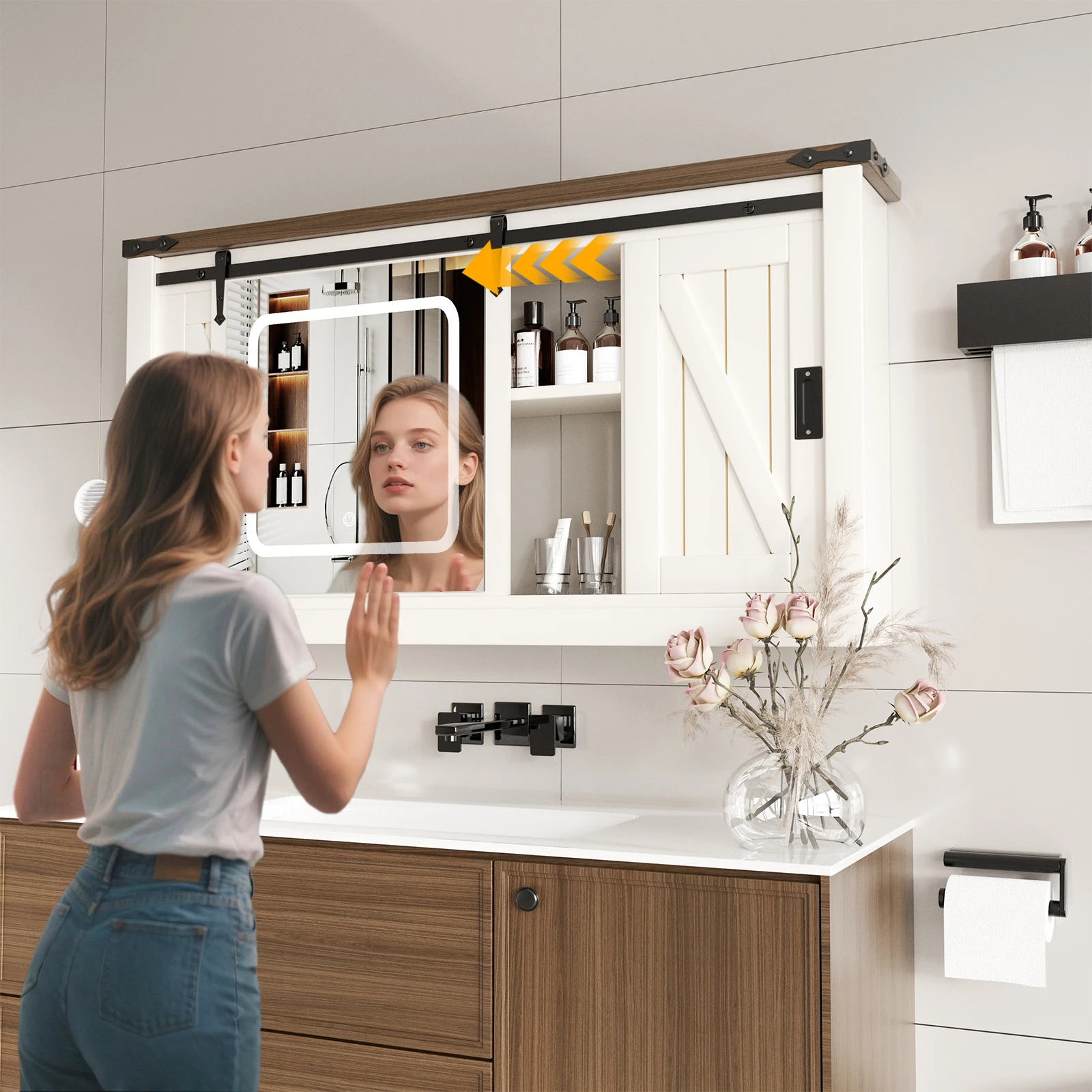 Waschtisch-Aufbewahrungsschrank für Badezimmer, Küche, Waschküche, 3-farbig dimmbarer, beschlagfreier LED-Spiegelschrank mit Schiebetüren im Scheunentor-Stil