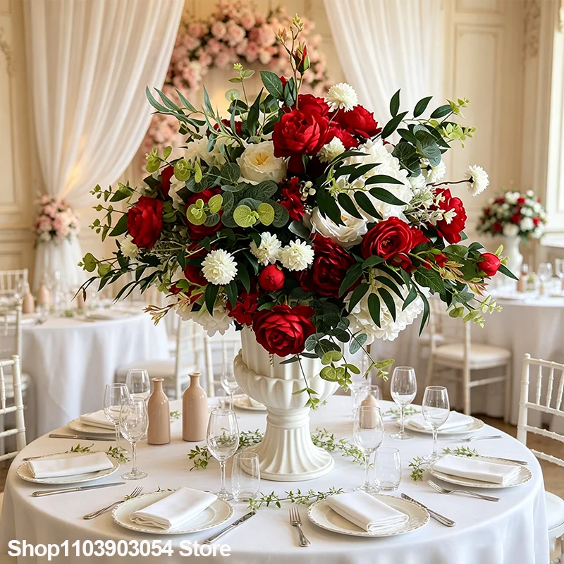 Rot-weißes Rosen-Kunstblumenarrangement, luxuriöses Hochzeits-Bankett-Tischdekor, Blumenstrauß für Hotel-Esszimmer-Partydekoration – Detail 1