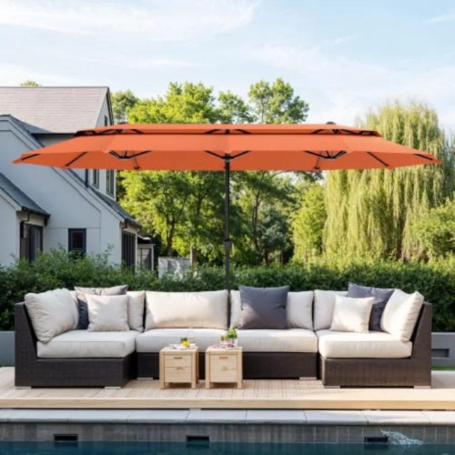 13Feet 2-Tier Large Patio Umbrella with Base for outdoor use, polyester fabric, beige, tilt and crank mechanism