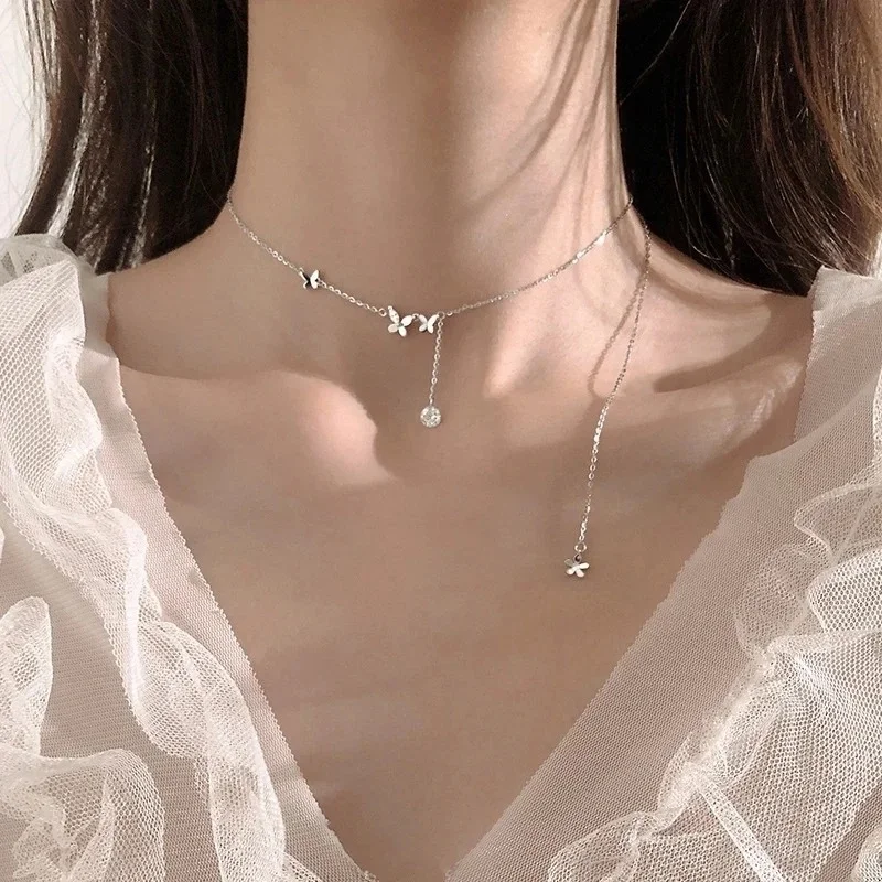 Adjustable Butterfly Lariat Necklace Multi Small Butterfly Charms With Teardrop CZ Drop Pull Chain Choker Women Neck Jewelry