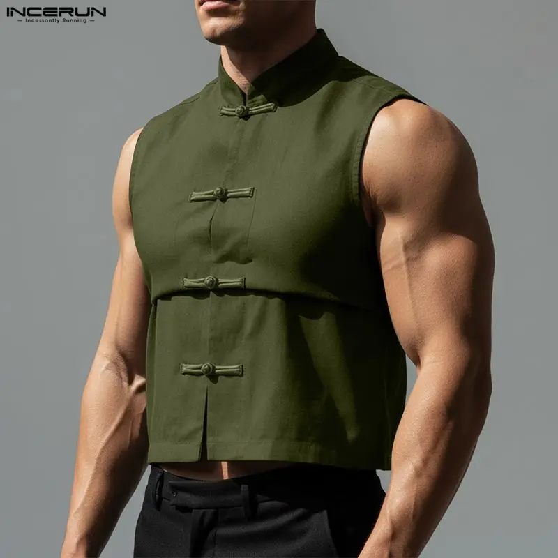 INCERUN Men's Shirt Solid Color Stand Collar Sleeveless Vintage Men Clothes Summer 2026 Chinese Style Casual Crop Tops For Man