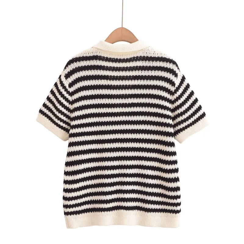 TRAFZR 2025 T-shirt en coton tricoté rayé pour femme col polo manches courtes décontracté printemps été quotidien rue week-end porter
