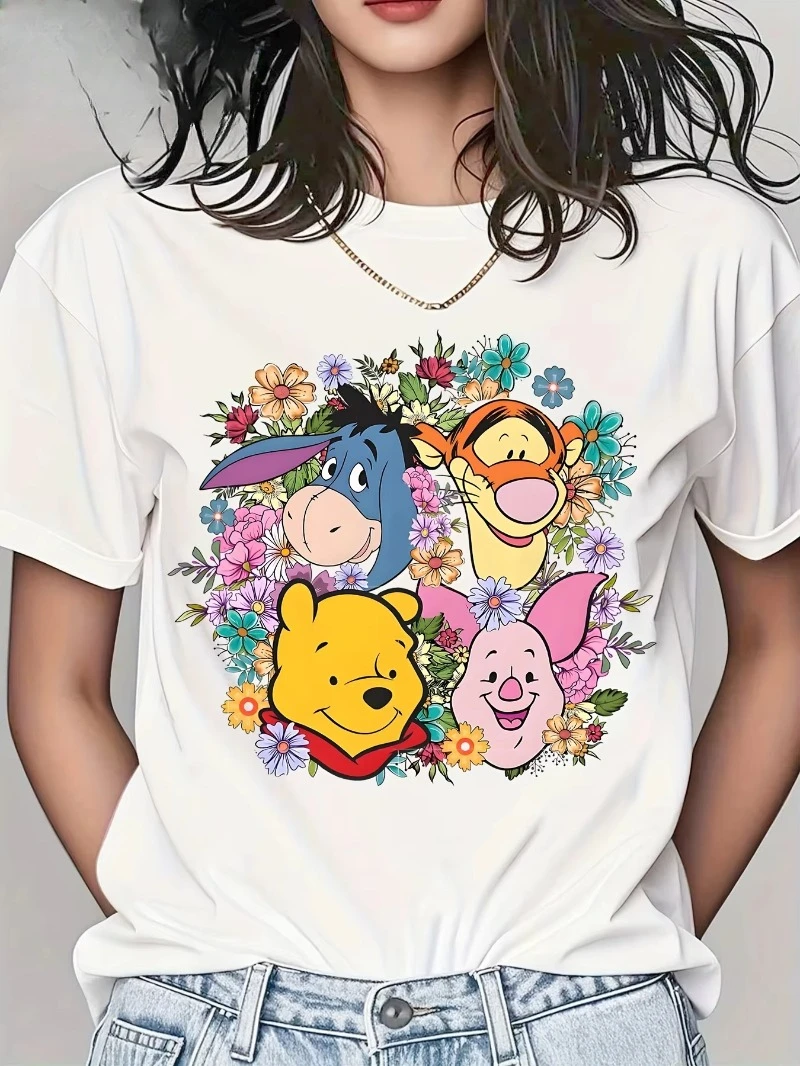 

MINISO 2025 г., модная женская летняя футболка с короткими рукавами и принтом Винни-Пух в американском стиле ретро, свободная повседневная универсальная футболка