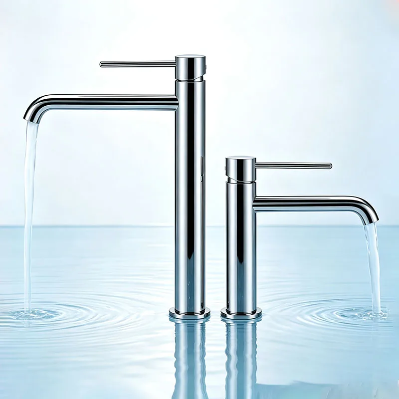 304 Stainless Steel Bathroom Sink Faucet Hot Cold Water Mixer Tap Simple Style Short and Tall Countertop Vanity Basin Taps
