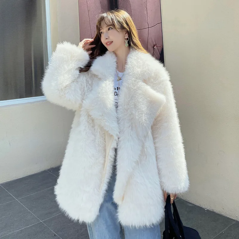 Winter Long Faux Fur Coat Oversize Pink Thick Warm Soft Shaggy Fluffy Faux Fur Coat Women Pockets Lapel Loose Sweet Cute Fashion