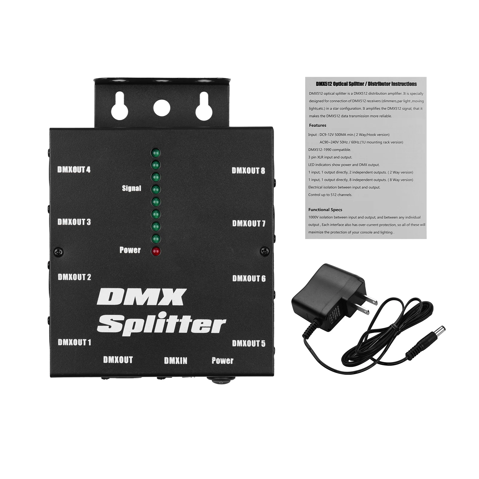 DMX512 Optical Signal Amplifier Spliter Distributor 1 Direct Input & Output 8 Independent Outputs for Light Controller Stage Con