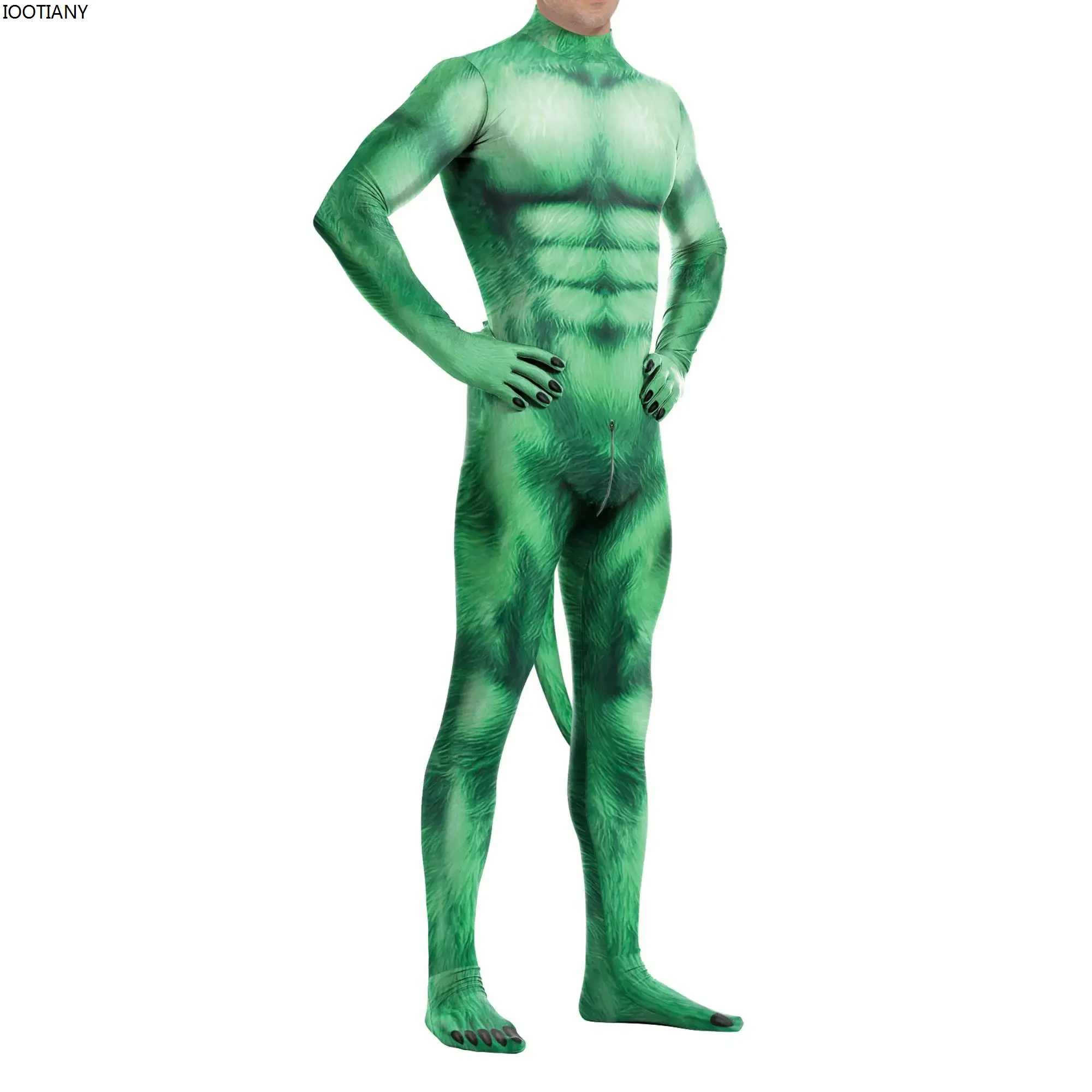 Unisex Funny Cosplay Jumpsuit Green Pet Bodysuit With Dog Tail Halloween Animal Zentai Suit Carnival Party Stage Showing Catsuit