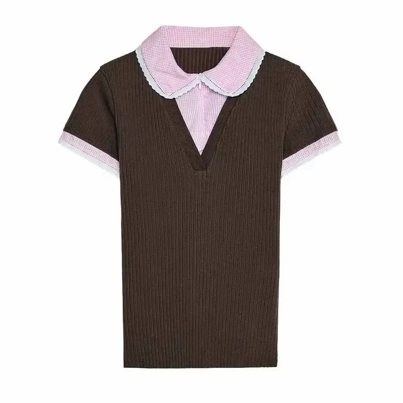 

Women's Summer Slim Fit Zipper T-Shirt Retro Solid Color Short-Sleeved Lace Stitching Street Fashion Top