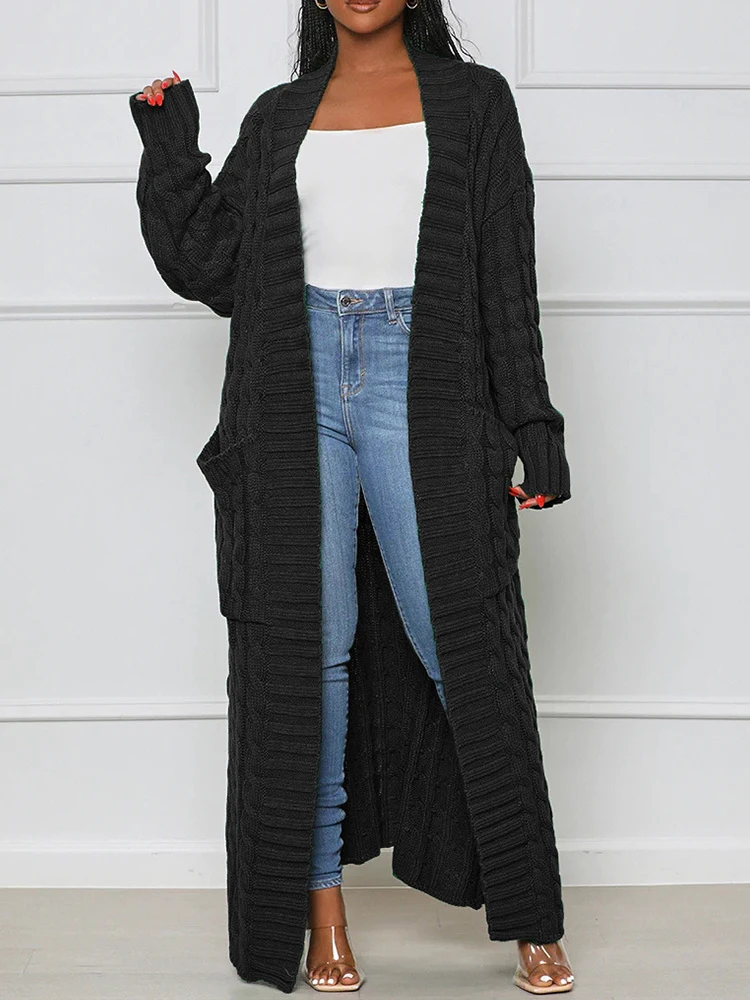 Long Winter Cardigan Women Casual Oversized Knitted Sweater Loose Solid Long Sleeve Knitwear Female Vintage Green Twist Cardigan