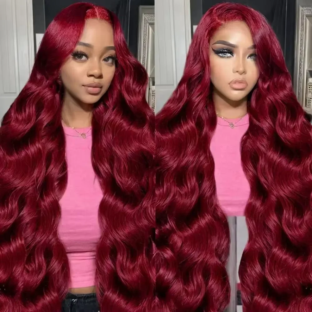 13x6 HD Transparent Lace Front Wigs 99j Burgundy Body Wave 200 Density  36 Inches Brazilian human hair For Women⁠⁠