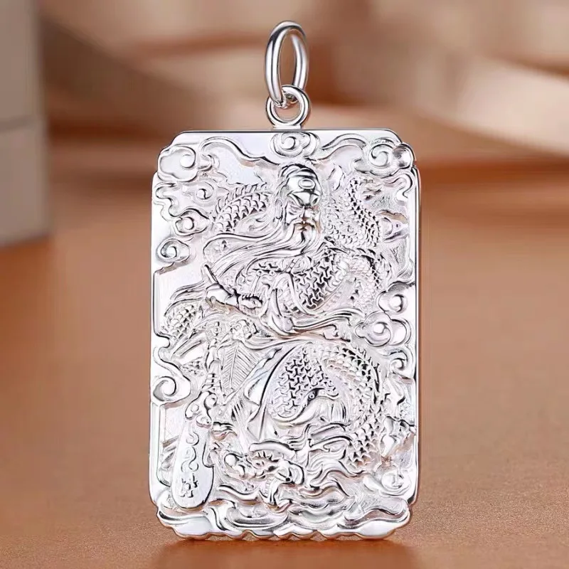 999 Pure Silver Guan Yu Pendant Pure Silver Domineering Vintage Thai Silver Men's Dragon Necklace Square Plate Gift Retro Style