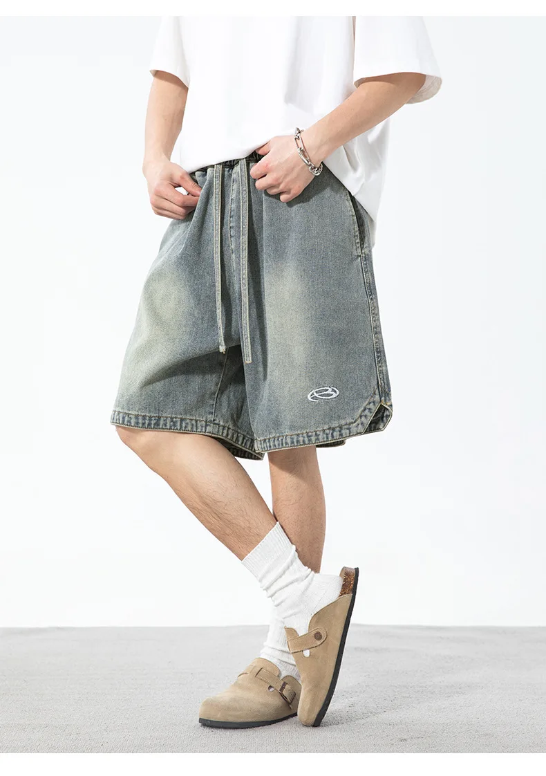 Men Embroidery Loose Casual  Denim Shorts Washed Spliced Shorts Knee Length Distressed Drawstring Straight Jeans 2025 New Summer