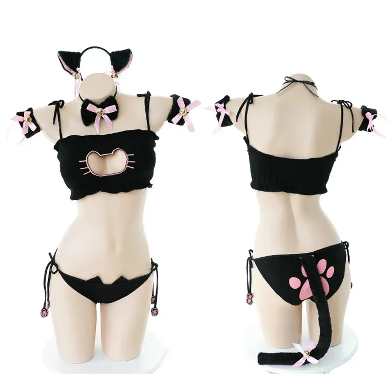 

Cos72 Lovely Neko Cosplay Costumes Cute Lolita Cat Collar Pierced Bra Brief Set Underwear Sexy Lingerie Bell Choker+Top+Pa 72Cos