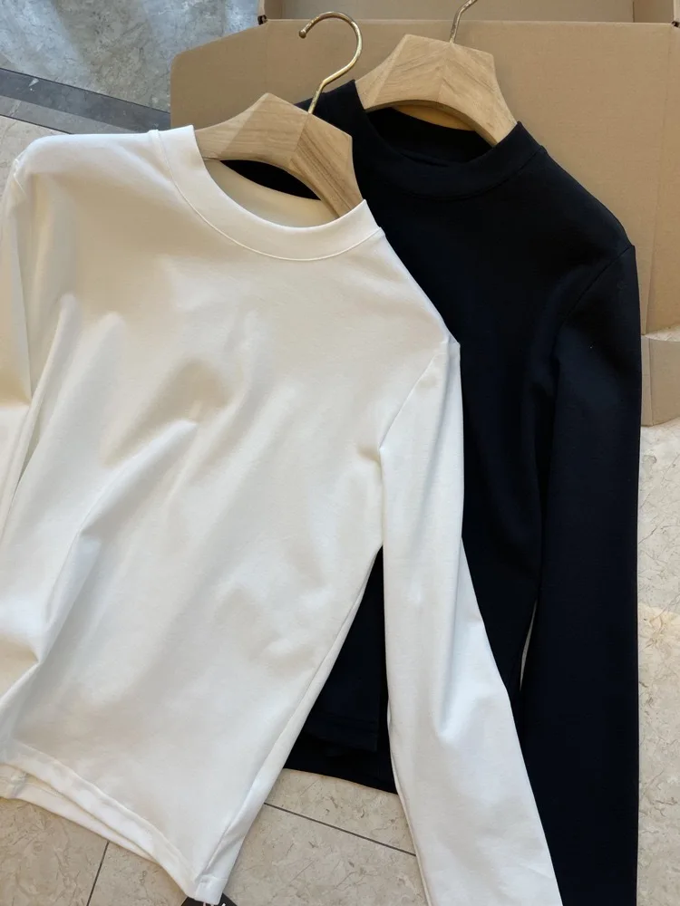 Minimalist  Color round Neck Long Sleeve T-Shirt Women's Back Center Stitch Pima Cotton Casual Fashion Korean Style