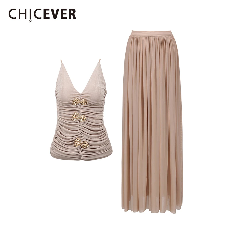 

CHICEVER Khaki Spliced Folds Two Piece Set Female V Neck Sleeveless Vest High Waist Loose Women's Skirt Sets Summer Style New