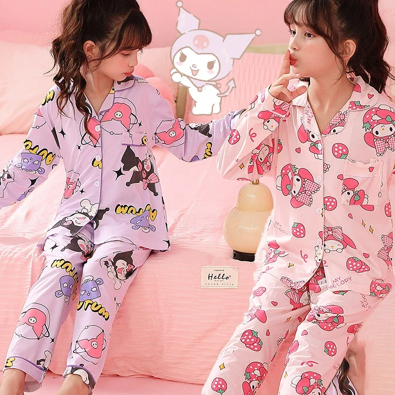 

New Kuromi Sanrios Child Pajamas Spring Autumn New Cotton Kawaii Child Cardigan Girl Home Clothing Long Sleeves Trousers Set
