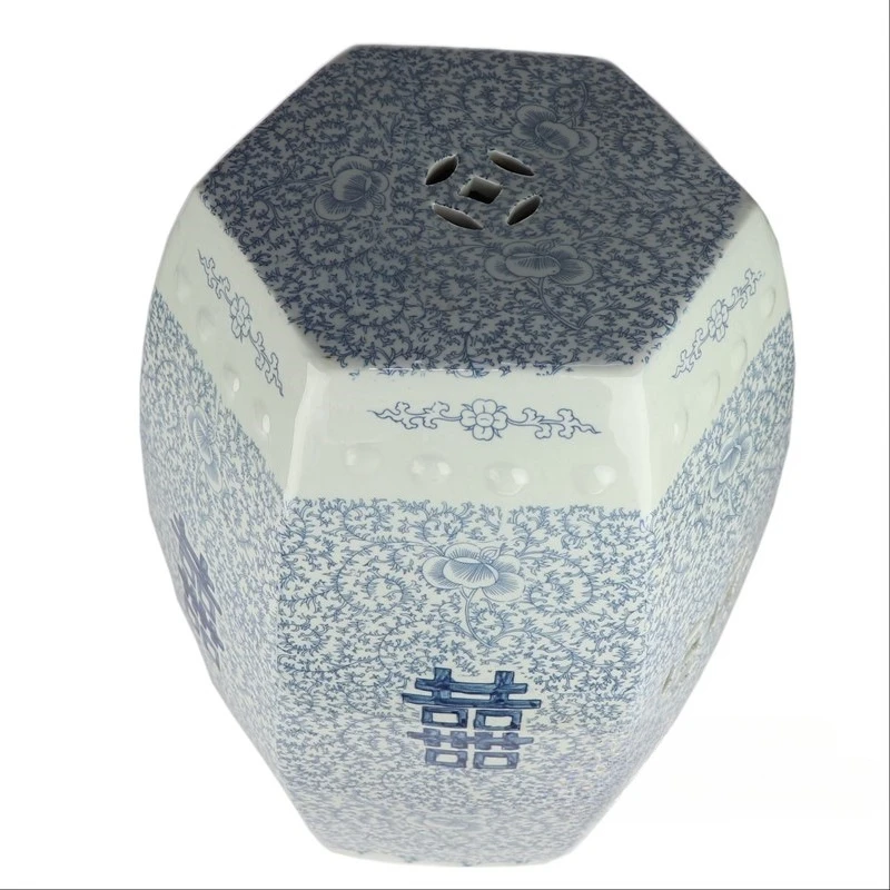 Ceramic blue and white happy character entwined lotus hexagonal cool pier garden shoe stool home ornament