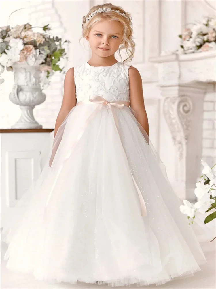 White Shiny Tulle Appliques Flower Girl Dresses Pink Belt With Zipper Sleeveless For Wedding Birthday Party First Communion Gown