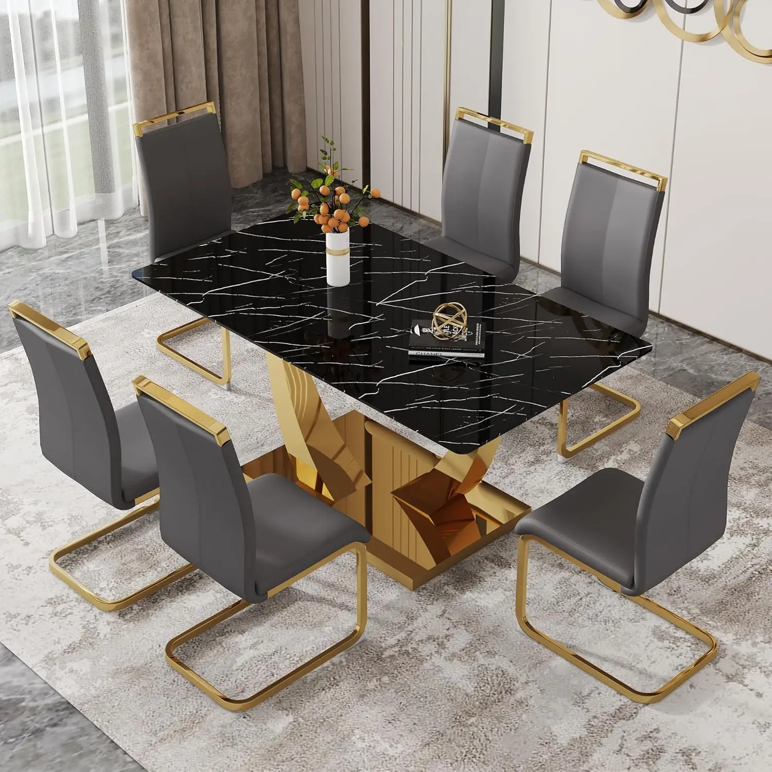 Ensemble de table de salle à manger rectangulaire avec chaises en cuir PU, table de cuisine dorée, noir, moderne, 63 po, 6