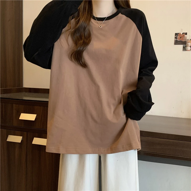 Trendy Long Sve Cotton T-irt Women's Loose Fit Korean Sle oulder Insert Design Spring Autumn plus Size Color Blo Top