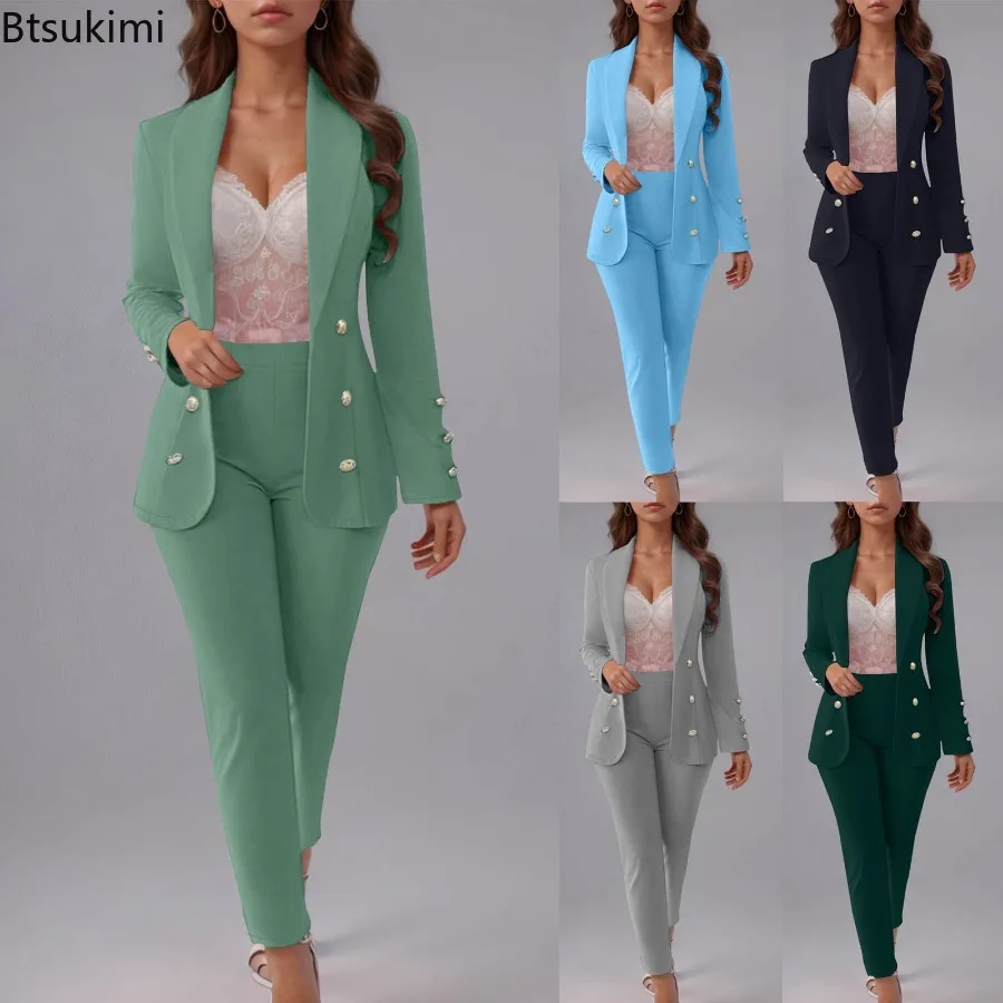

New Women's Fashion Lapel Button Solid Color Long Sleeve Formal Suit Female Spring Slim Trousers Workplace Office Commuting Suit
