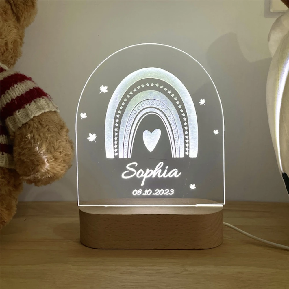 Imagem -04 - Personalizado Rainbow Led Night Light para o Bebê Recém-nascido Lâmpada de Nome Personalizado com Morno ou Cores Base para Crianças Decoração da Mesa do Quarto Rgb