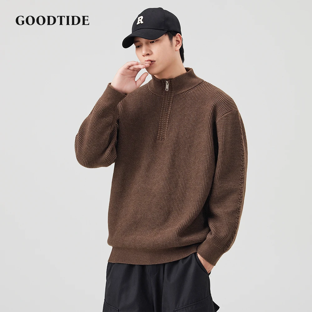 Winter Fashion Men's Casual Half - Zip Turtleneck Sweater Black Waffle Knit Pullover Comfortable Soft Long Sleeve Jumper Top