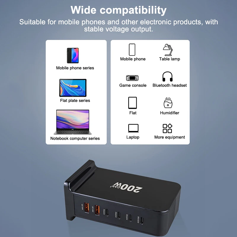 200W GaN Fast Charge Desktop Multi Port Hub USB Type C Fast Charging Station 6 For Macbook Phone Laptop Tablet