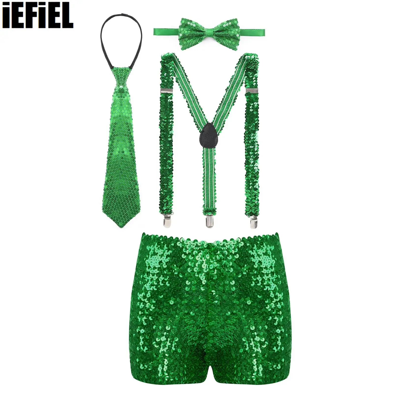 

Kids Boys Girls Shiny Sequins Dance Shorts with Elastic Y Shape Adjustable Braces Suspenders Necktie Bow Tie for Cosplay Party