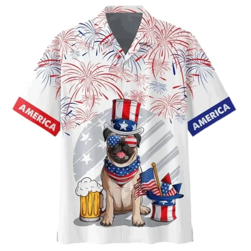 

Гавайская рубашка с узором ко Дню независимости для мужчин, Америка, орел, собака, 3D принт, блузка с короткими рукавами, летние повседневные свободные рубашки Aloha