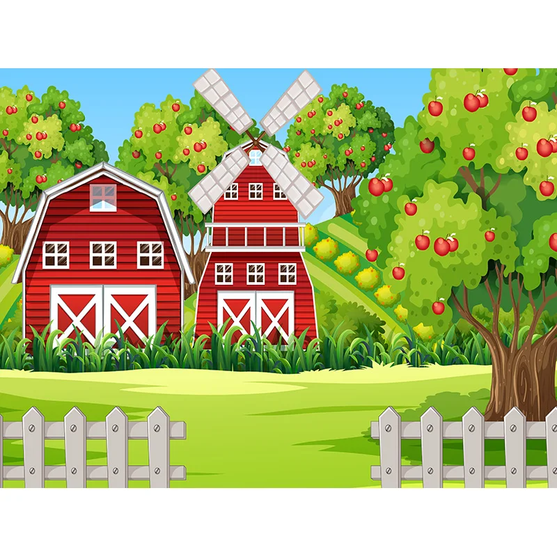 Fondos de fotografía de granja de dibujos animados con cerdo y granero, casa rosa, decoración de fiesta de feliz cumpleaños, estudio fotográfico, ZZ-01