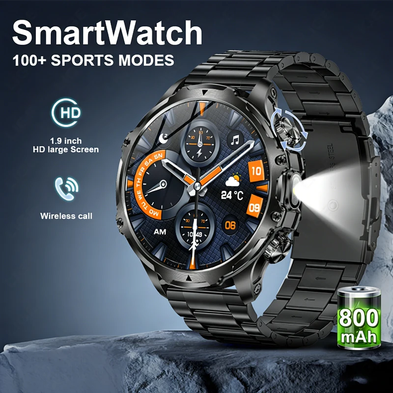 

New Flashlight Wireless Call Smart Watch Men 800 mAh Long Standby Smartwatch Men Outdoor Sports Adventure Assistant Watches Men