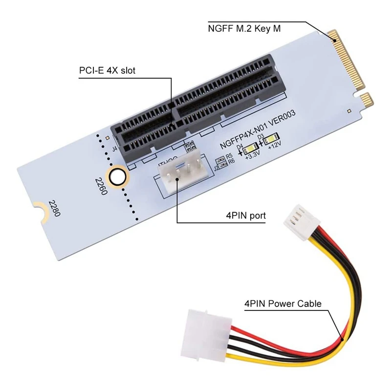 M.2 To PCI-E 4X Riser Card M2 Key M To Pcie X4 Adapter With LED Voltage Indicator NGFF Riser For Nvme For Mining, 2Pack
