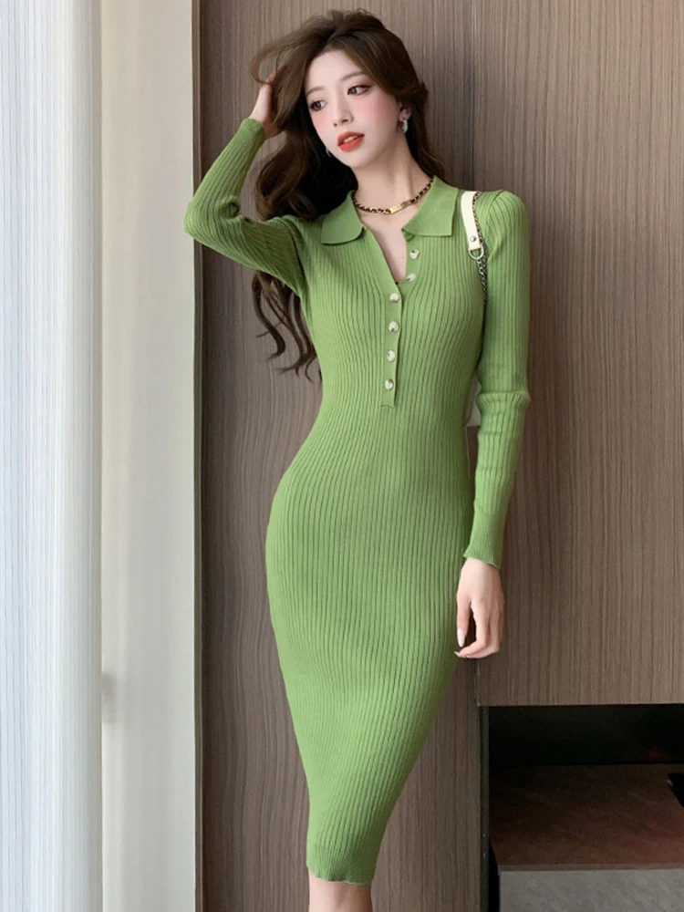 

New Autumn Winter Knitted Long One Piece Dress Women Clothing Elegant Pretty Sweater Long Sleeve Skinny Midi Robe Mujer Vestidos