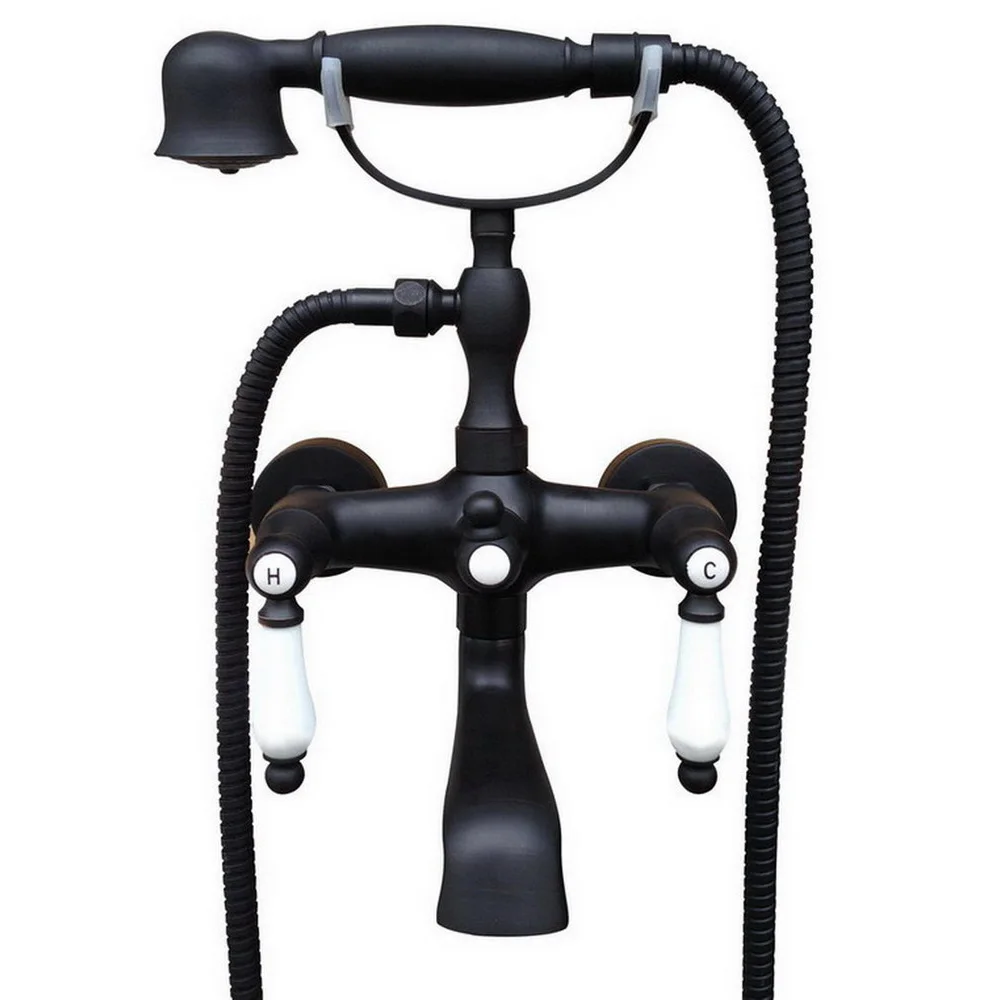 

Black Oil Rubbed Brass Wall Mounted Clawfoot Bathtub Faucet Mixer Water Tap Set Handshower Double Handles atf614