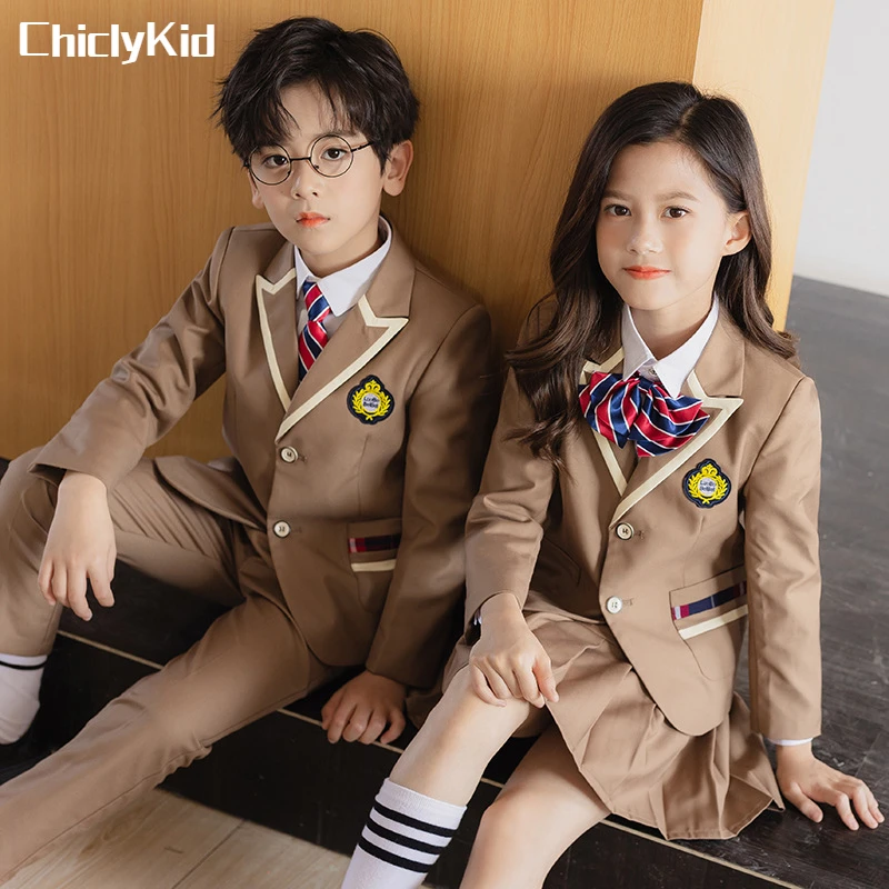 Boys School Uniform Girls Jacket Khaki Skirt Shirt Tie Suits Kids Formal Dress Tuxedo Toddler Clothes Sets Child Student Outfits