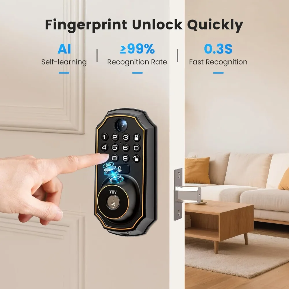 Keyless Entry Door Lock with Camera Electronic Smart Lock Fingerprint Keypad Deadbolt with Code, App Remote Control, Auto Unlock