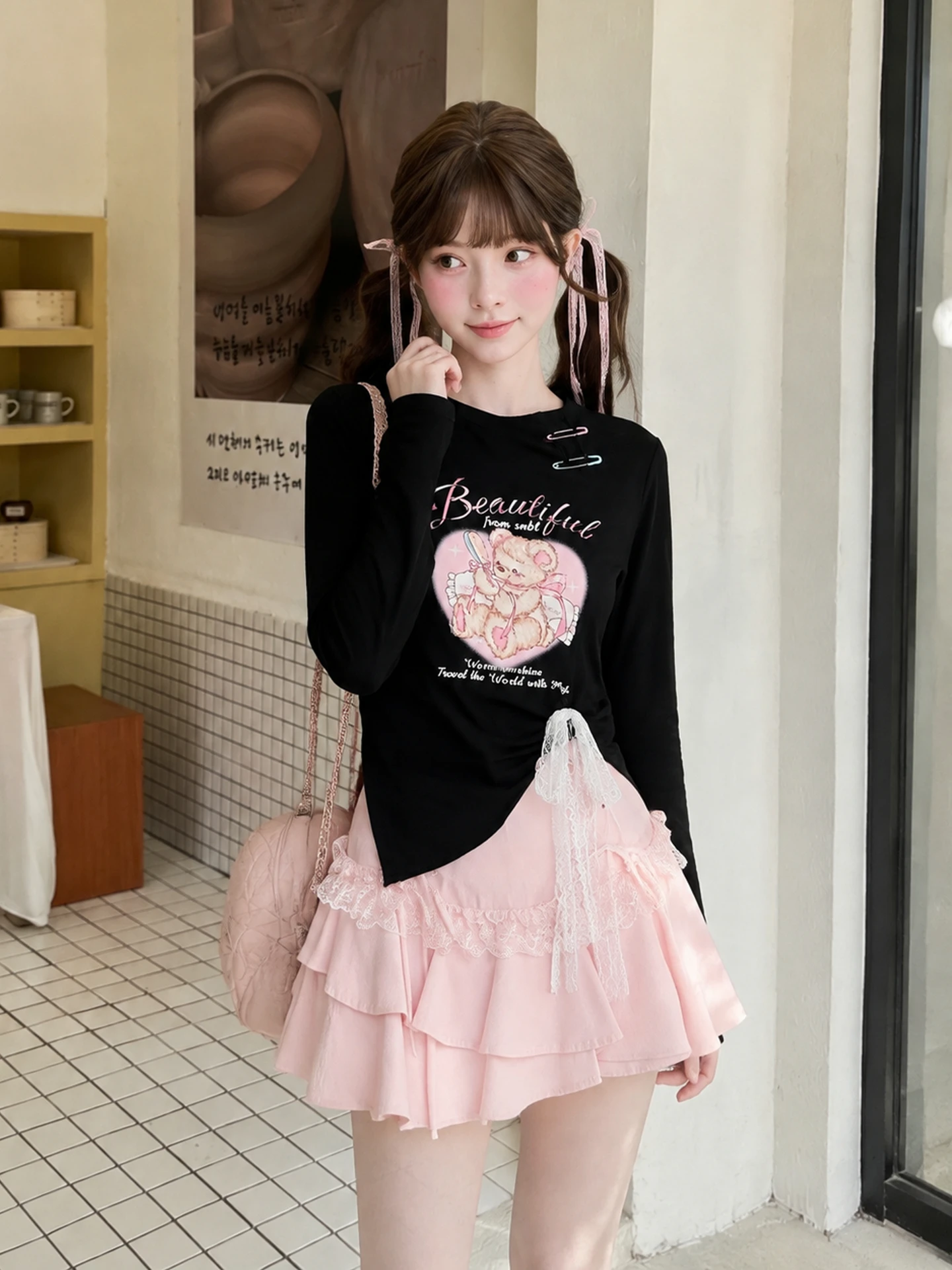 Sweet Style Bear Print Short Sleeve Women's T-shirt White Long Sleeve Show Belly Button Autumn Cotton Fairy Tale Theme Top