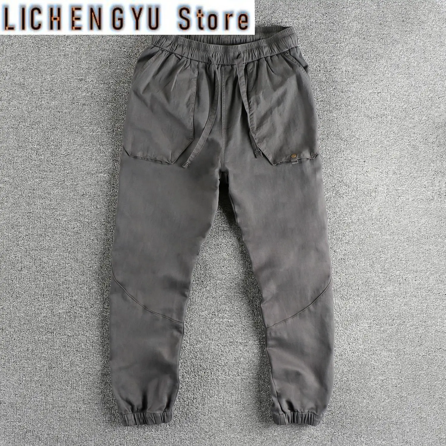 

Autumn New American Retro Woven Cargo Pants Men's Cotton Washed Elastic Waist Drawstring Loose Casual Anke-tied Trousers