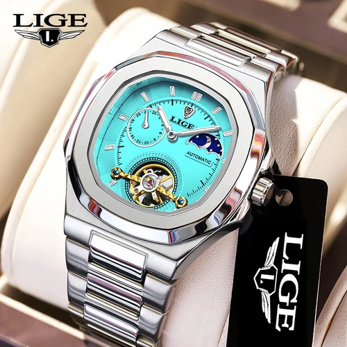 Imagen 2 del producto LIGE 2024 Reloj automático para Hombre, relojes de lujo de acero inoxidable a la moda, Reloj de pulsera Tourbillon luminoso resistente al agua para Hombre, Reloj para Hombre