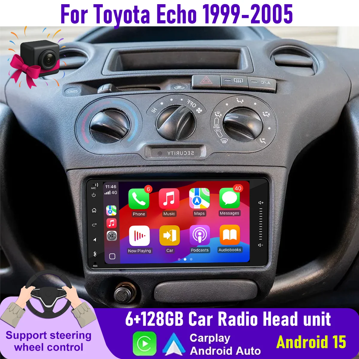 

7" Wireless CarPlay Android auto 8Cores 6+128GB Car Radio For Toyota Echo 1999-2005 Android15 Head Unit GPS BT Navi QLED Screen