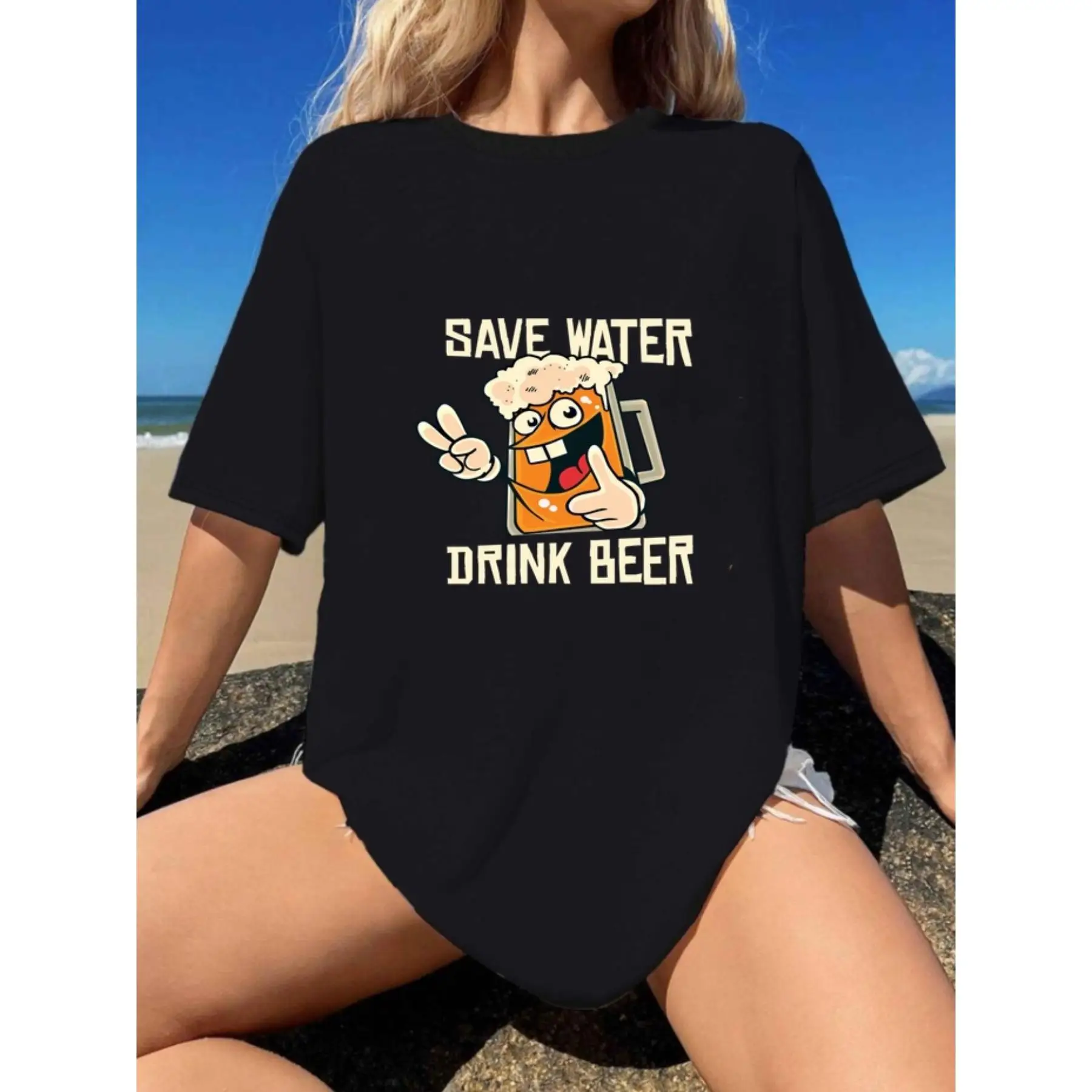 

Women's Funny Beer T-Shirt | "Save Water Drink Beer" Humorous Graphic Tee | Party Drinking Gift Summer Top
